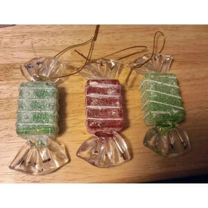 Candy Shaped Christmas Ornaments Set Of 3 Plastic Old Fashioned Glitter